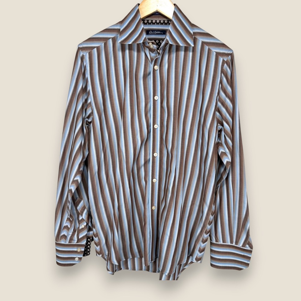 Robert Graham Button Shirt Men‎ Medium Brown Blue Striped Flip Cuff Cotton
